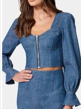 Bebe Longsleeve Bustier Denim Zip-Front Corset Top in Medium Blue